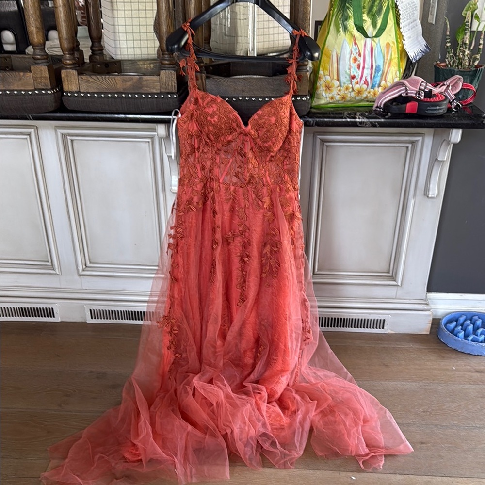 Rust orange Lace Prom Dress with Flowing Silhouette
